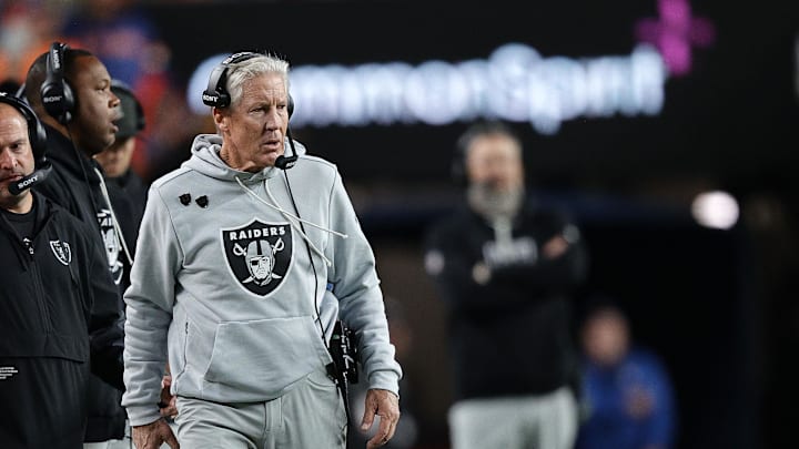 Nov 6, 2025; Denver, Colorado, USA; Las Vegas Raiders head coach Pete Carroll during the first half at Empower Field at Mile High. Mandatory Credit: Isaiah J. Downing-Imagn Images