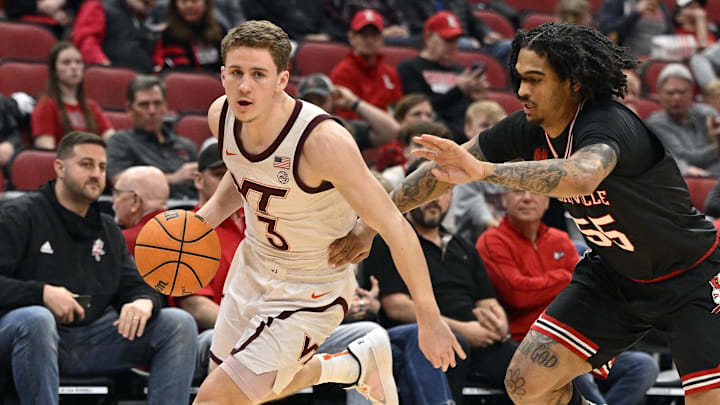 Mar 5, 2024; Louisville, Kentucky, USA; Virginia Tech Hokies guard Sean Pedulla (3) dribbles against