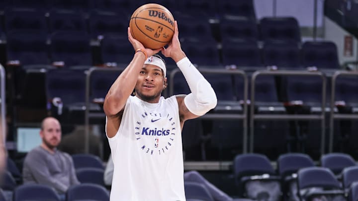 New York Knicks guard Miles McBride warms up prior to game five of first round for the NBA Playoffs at Madison Square Garden. Mandatory Credit: Wendell Cruz-Imagn Images