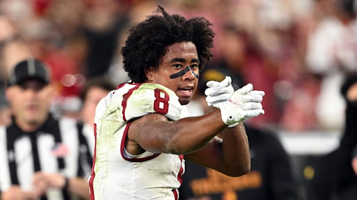 Sep 13, 2025; West Lafayette, Indiana, USA; USC Trojans wide receiver Ja'Kobi Lane (8) celebrates a first down during the second half against the Purdue Boilermakers at Ross-Ade Stadium. Mandatory Credit: Marc Lebryk-Imagn Images