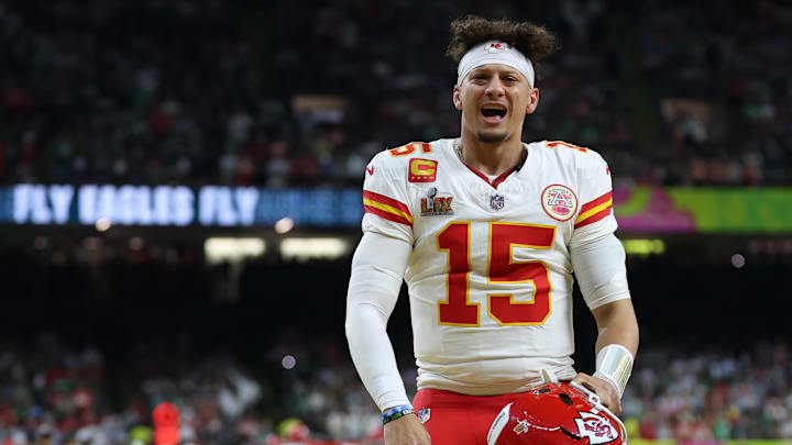 Feb 9, 2025; New Orleans, LA, USA; Kansas City Chiefs quarterback Patrick Mahomes (15) reacts on the field after the coin toss prior to the Chiefs' game against the Philadelphia Eagles in Super Bowl LIX at Caesars Superdome. Mandatory Credit: Geoff Burke-Imagn Images