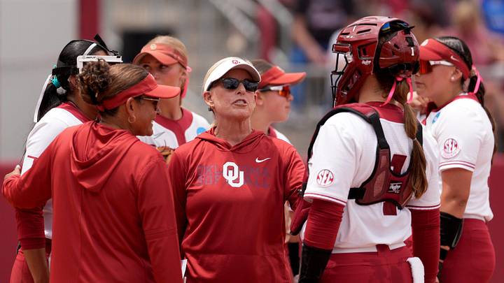 Oklahoma head softball coach Patty Gasso talks to the team during a timeout during Game 1 of the NCAA Norman Super Regional softball game between the Mississippi State Bulldogs and the University of Oklahoma Sooners at Love's Field in Norman, Okla., May, 22, 2026. Mississippi State won 11-9. Oklahoma head softball coach Patty Gasso talks to the team during a timeout during Game 1 of the NCAA Norman Super Regional softball game between the Mississippi State Bulldogs and the University of Oklahoma Sooners at Love's Field in Norman, Okla., May, 22, 2026. Mississippi State won 11-9.