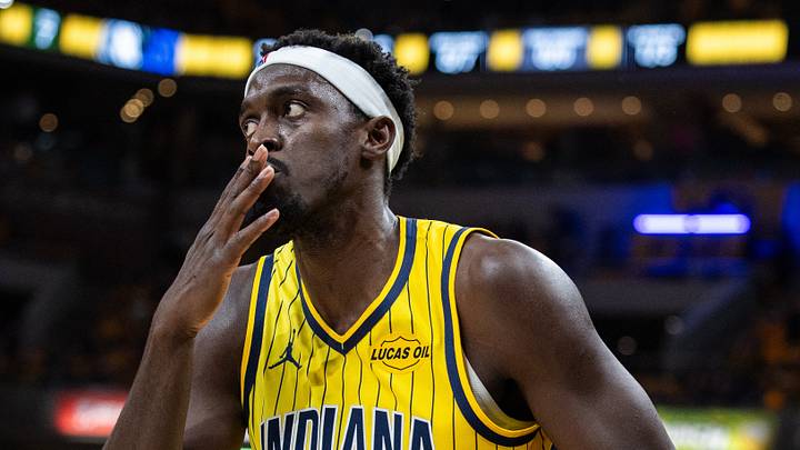 Oct 23, 2026; Indianapolis, Indiana, USA;  Indiana Pacers forward Pascal Siakam (43) celebrates a made shot in the first half against the Dallas Mavericks at Gainbridge Fieldhouse.  Mandatory Credit: Trevor Ruszkowski-Imagn Images