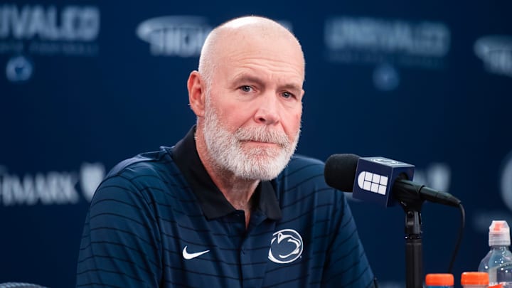 Penn State first-year defensive coordinator Jim Knowles talks with reporters during football media day in Beaver Stadium on Saturday, August 3, 2024, in State College.