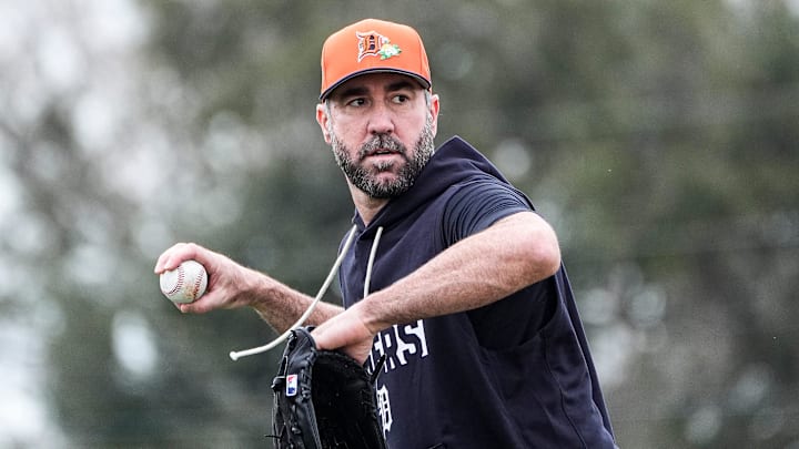 Detroit Tigers pitcher Justin Verlander practices during spring training at TigerTown in Lakeland, Fla. on Wednesday, Feb. 11, 2026.
