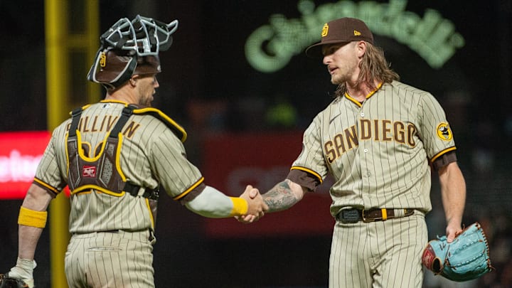 Sep 26, 2023; San Francisco, California, USA; San Diego Padres catcher Brett Sullivan (29) and