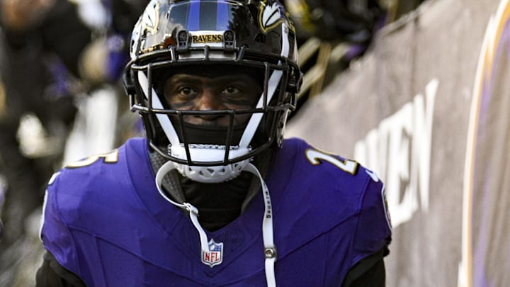 Jan 4, 2025; Baltimore, Maryland, USA; Baltimore Ravens cornerback Tre'Davious White (25) takes the field before the game against the Cleveland Browns  at M&T Bank Stadium. Mandatory Credit: Tommy Gilligan-Imagn Images