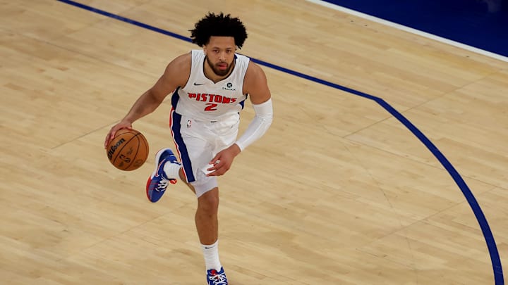 Apr 21, 2025; New York, New York, USA; Detroit Pistons guard Cade Cunningham (2) brings the ball up court against the New York Knicks during the first quarter of game two of first round of the 2024 NBA Playoffs at Madison Square Garden. Mandatory Credit: Brad Penner-Imagn Images