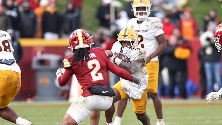 Nov 1, 2025; Ames, Iowa, USA; Iowa State Cyclones defensive back Jamison Patton (2) looks to tackle Arizona State Sun Devils running back Raleek Brown (3) during the second half at Jack Trice Stadium. Mandatory Credit: Reese Strickland-Imagn Images Nov 1, 2025; Ames, Iowa, USA; Iowa State Cyclones defensive back Jamison Patton (2) looks to tackle Arizona State Sun Devils running back Raleek Brown (3) during the second half at Jack Trice Stadium. Mandatory Credit: Reese Strickland-Imagn Images