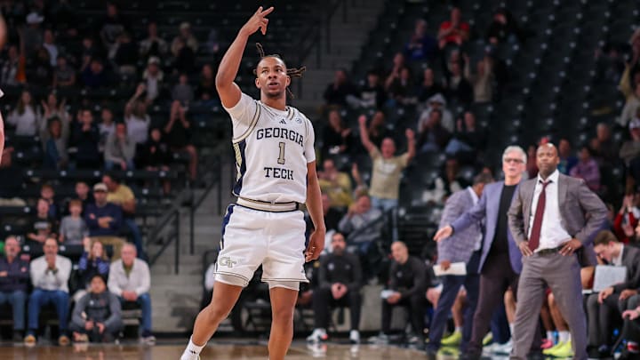 Jan 3, 2026; Atlanta, Georgia, USA; Georgia Tech Yellow Jackets guard Lamar Washington (1) reacts after a basket against the Boston College Eagles in the second half at McCamish Pavilion. Mandatory Credit: Brett Davis-Imagn Images