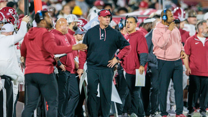 Nov 23, 2024; Norman, Oklahoma, USA; Alabama Crimson Tide coach Kalen DeBoer on the side lines during the third quarter against the Oklahoma Sooners at Gaylord Family-Oklahoma Memorial Stadium. Mandatory Credit: William Purnell-Imagn Images