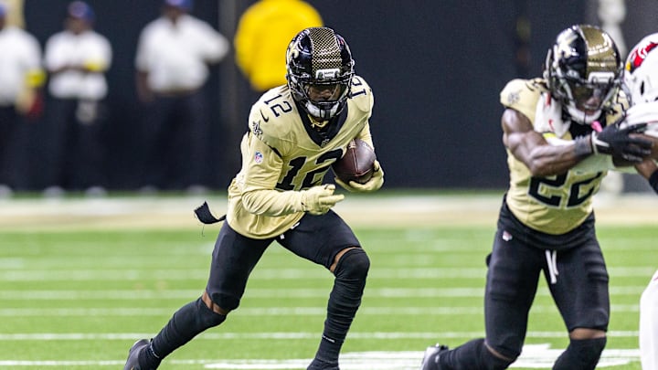 Sep 7, 2025; New Orleans, Louisiana, USA; New Orleans Saints wide receiver Chris Olave (12) against the Arizona Cardinals during the second half at Caesars Superdome. Mandatory Credit: Stephen Lew-Imagn Images