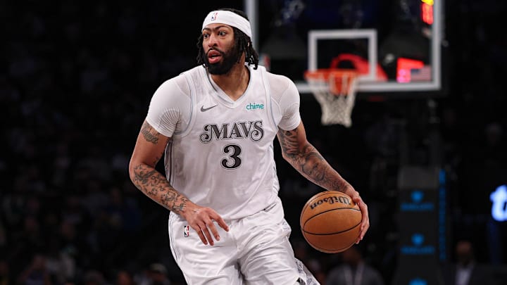 Mar 24, 2025; Brooklyn, New York, USA; Dallas Mavericks forward Anthony Davis (3) dribbles up court during the second half against the Brooklyn Nets at Barclays Center. Mandatory Credit: Vincent Carchietta-Imagn Images