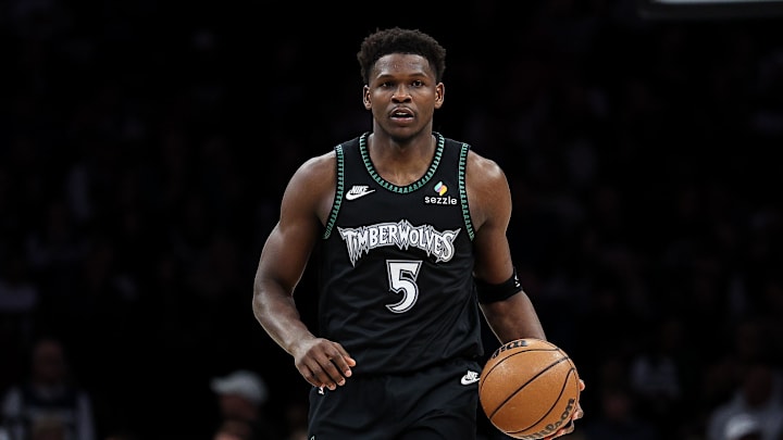Nov 30, 2025; Minneapolis, Minnesota, USA; Minnesota Timberwolves guard Anthony Edwards (5) dribbles the ball against the San Antonio Spurs during the second half at Target Center. Mandatory Credit: Matt Krohn-Imagn Images