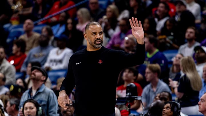 Mar 6, 2025; New Orleans, Louisiana, USA; Houston Rockets head coach Ime Udoka looks on against the New Orleans Pelicans during the second half at Smoothie King Center. Mandatory Credit: Stephen Lew-Imagn Images Mar 6, 2025; New Orleans, Louisiana, USA; Houston Rockets head coach Ime Udoka looks on against the New Orleans Pelicans during the second half at Smoothie King Center. Mandatory Credit: Stephen Lew-Imagn Images