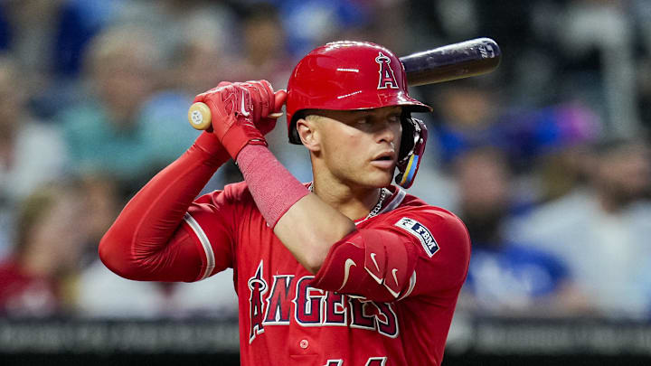 Apr 25, 2026; Kansas City, Missouri, USA; Los Angeles Angels catcher Logan O'Hoppe (14) bats during the seventh inning against the Kansas City Royals at Kauffman Stadium. Mandatory Credit: Jay Biggerstaff-Imagn Images Apr 25, 2026; Kansas City, Missouri, USA; Los Angeles Angels catcher Logan O'Hoppe (14) bats during the seventh inning against the Kansas City Royals at Kauffman Stadium. Mandatory Credit: Jay Biggerstaff-Imagn Images