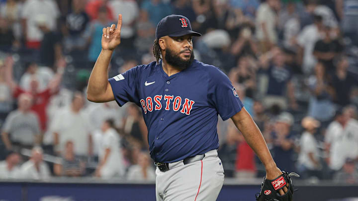Jul 5, 2024; Bronx, New York, USA; Boston Red Sox relief pitcher Kenley Jansen (74) celebrates after closing the game against the New York Yankees at Yankee Stadium. Mandatory Credit: Vincent Carchietta-USA TODAY Sports