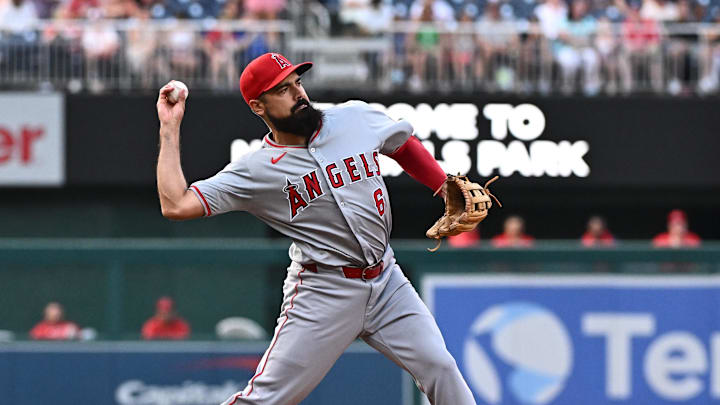 Aug 10, 2024; Washington, District of Columbia, USA;  Los Angeles Angels third baseman Anthony Rendon (6) throws to first base during the first inning against the Washington Nationals at Nationals Park. Mandatory Credit: James A. Pittman-Imagn Images