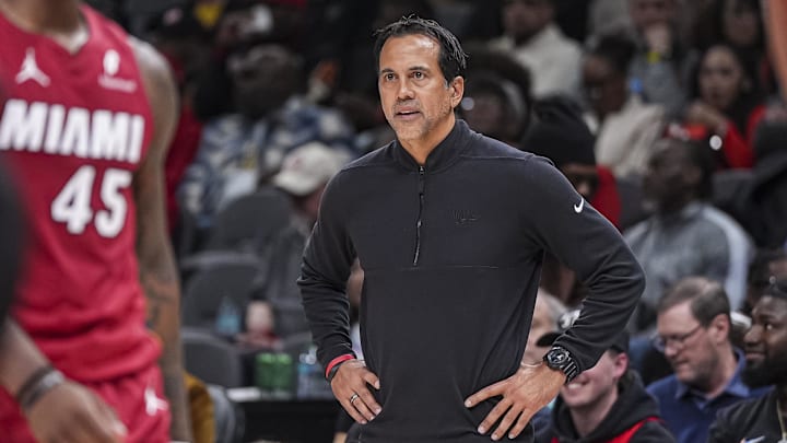 Feb 24, 2025; Atlanta, Georgia, USA; Miami Heat head coach Erik Spoelstra reacts on the bench against the Atlanta Hawks during the second half at State Farm Arena. Mandatory Credit: Dale Zanine-Imagn Images