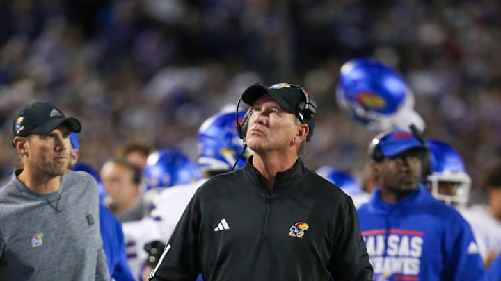 Oct 26, 2024; Manhattan, Kansas, USA; Kansas Jayhawks head coach Lance Leipold looks at the scoreboard during a break in the action against the Kansas State Wildcats at Bill Snyder Family Football Stadium. Mandatory Credit: Scott Sewell-Imagn Images