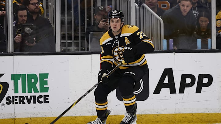 Feb 8, 2025; Boston, Massachusetts, USA; Boston Bruins defenseman Charlie McAvoy (73) against the Vegas Golden Knights during the second period at TD Garden. Mandatory Credit: Winslow Townson-Imagn Images