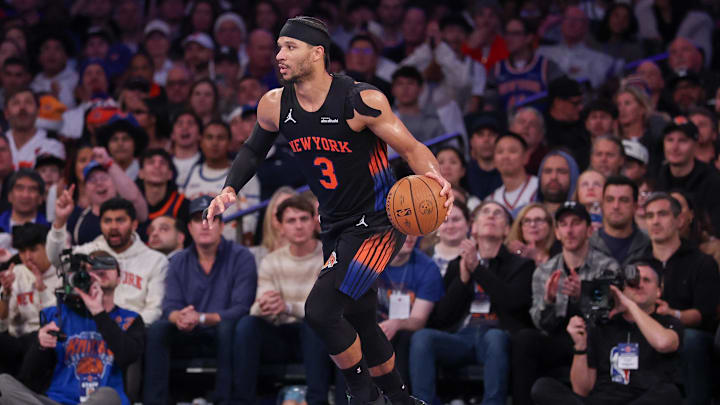Nov 28, 2025; New York, New York, USA; New York Knicks guard Josh Hart (3) dribbles up court during the second half against the Milwaukee Bucks at Madison Square Garden. Mandatory Credit: Vincent Carchietta-Imagn Images