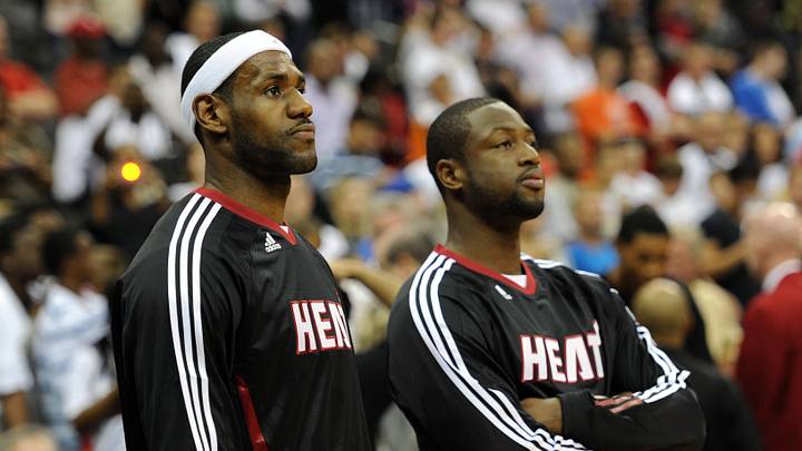 Oct 8, 2010; Kansas City, MO, USA; Miami Heat forwards LeBron James (left) and Dwyane Wade (right) before playing the Oklahoma City Thunder at the Sprint Center.  Mandatory Credit: Peter Aiken-USA TODAY Sports