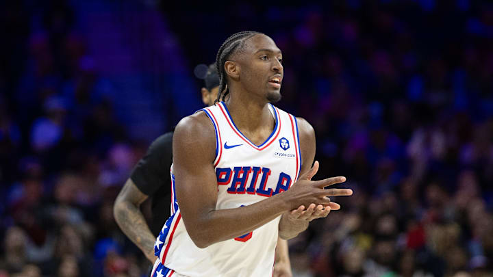 Feb 22, 2025; Philadelphia, Pennsylvania, USA; Philadelphia 76ers guard Tyrese Maxey (0) reacts to his three pointer against the Brooklyn Nets during the first quarter at Wells Fargo Center. Mandatory Credit: Bill Streicher-Imagn Images