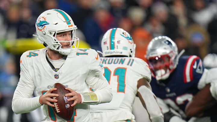 Miami Dolphins quarterback Quinn Ewers (14) drops back to pass against the New England Patriots during the second half at Gillette Stadium.