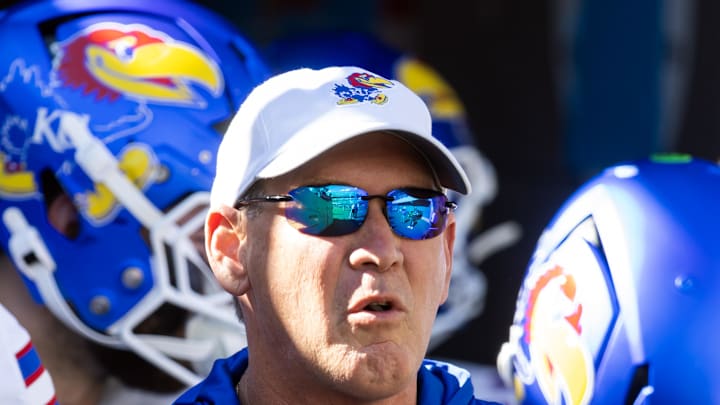 Nov 8, 2025; Tucson, Arizona, USA; Kansas Jayhawks head coach Lance Leipold against the Arizona Wildcats at Arizona Stadium. Mandatory Credit: Mark J. Rebilas-Imagn Images Nov 8, 2025; Tucson, Arizona, USA; Kansas Jayhawks head coach Lance Leipold against the Arizona Wildcats at Arizona Stadium. Mandatory Credit: Mark J. Rebilas-Imagn Images