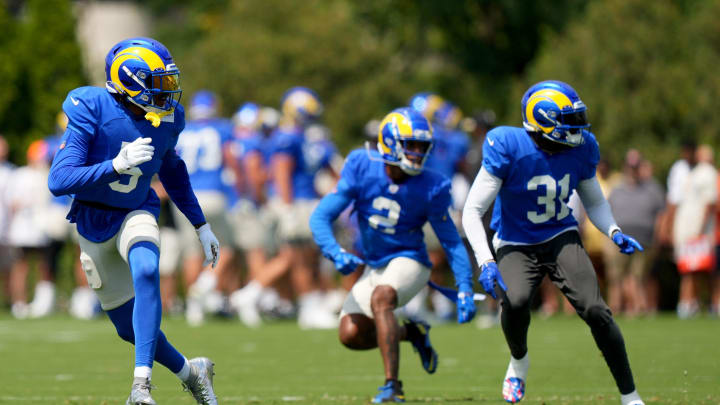 Los Angeles Rams cornerback Jalen Ramsey (5), Los Angeles Rams cornerback Troy Hill (2) and Los Angeles Rams cornerback Robert Rochell (31) participate in drills during a joint practice with the Cincinnati Bengals, Wednesday, Aug. 24, 2022, at the Paycor Stadium practice fields in Cincinnati.

Los Angeles Rams At Cincinnati Bengals Joint Practice Aug 24 0038