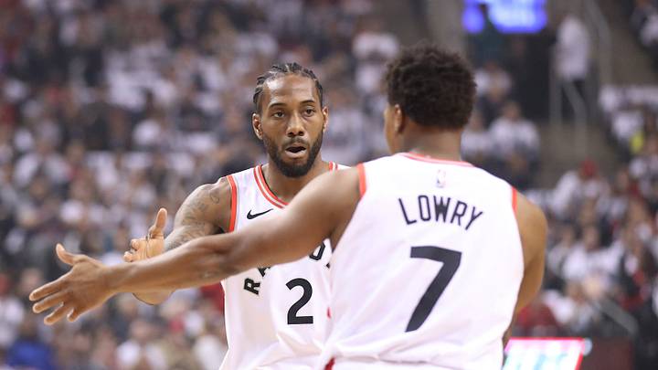 Apr 29, 2019; Toronto, Ontario, CAN; Toronto Raptors point guard Kyle Lowry (7) celebrates with forward Kawhi Leonard (2) after scoring in the first quarter against the Philadelphia 76ers in game two of the second round of the 2019 NBA Playoffs at Scotiabank Arena. Mandatory Credit: Tom Szczerbowski-USA TODAY Sports Apr 29, 2019; Toronto, Ontario, CAN; Toronto Raptors point guard Kyle Lowry (7) celebrates with forward Kawhi Leonard (2) after scoring in the first quarter against the Philadelphia 76ers in game two of the second round of the 2019 NBA Playoffs at Scotiabank Arena. Mandatory Credit: Tom Szczerbowski-USA TODAY Sports