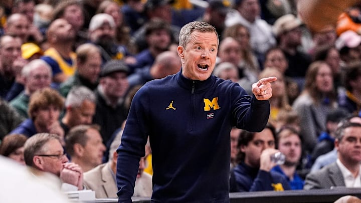Michigan head coach Dusty May reacts to a play against Saint Louis during the first half of NCAA Tournament Second Round at KeyBank Center in Buffalo on Saturday, March 21, 2026.