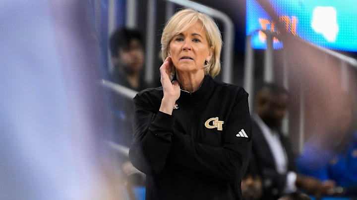 Mar 21, 2025; Los Angeles, California, USA; Georgia Tech Yellow Jackets head coach Nell Fortner during the second quarter against the Richmond Spiders at an NCAA Tournament first-round game at Pauley Pavilion presented by Wescom. Mandatory Credit: Robert Hanashiro-Imagn Images