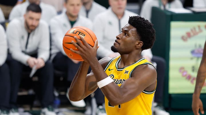 Mar 7, 2026; Waco, Texas, USA; Baylor Bears guard Tounde Yessoufou (24) shoots a free throw during the second half at Paul and Alejandra Foster Pavilion. Mandatory Credit: Chris Jones-Imagn Images