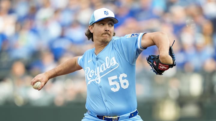 Mar 27, 2025; Kansas City, Missouri, USA; Kansas City Royals relief pitcher Hunter Harvey (56) pitches during the eighth inning against the Cleveland Guardians at Kauffman Stadium. Mandatory Credit: Jay Biggerstaff-Imagn Images