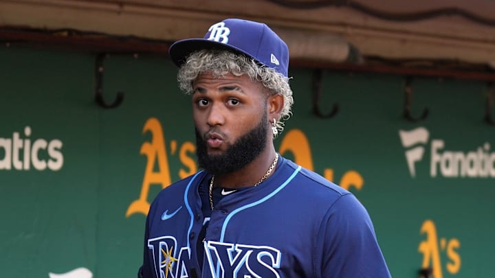 Aug 21, 2024; Oakland, California, USA; Tampa Bay Rays third baseman Junior Caminero (13) before the game against the Oakland Athletics at Oakland-Alameda County Coliseum. Mandatory Credit: Darren Yamashita-Imagn Images