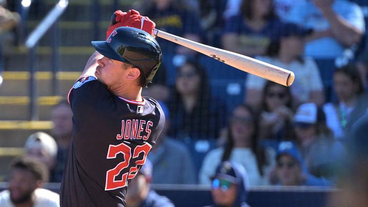 Feb 21, 2026; Phoenix, Arizona, USA; Cleveland Guardians right fielder Nolan Jones (22) hits a 3-run home run in the fifth inning against the Milwaukee Brewers at American Family Fields of Phoenix. Mandatory Credit: Jayne Kamin-Oncea-Imagn Images Feb 21, 2026; Phoenix, Arizona, USA; Cleveland Guardians right fielder Nolan Jones (22) hits a 3-run home run in the fifth inning against the Milwaukee Brewers at American Family Fields of Phoenix. Mandatory Credit: Jayne Kamin-Oncea-Imagn Images