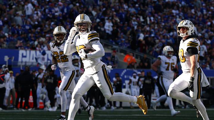 Oct 18, 2026; East Rutherford, New Jersey, USA; New Orleans Saints safety Julian Blackmon (23) runs toward the end zone to celebrate with teammates after intercepting a pass against the New York Giants during the fourth quarter at MetLife Stadium. Mandatory Credit: Vincent Carchietta-Imagn Images Oct 18, 2026; East Rutherford, New Jersey, USA; New Orleans Saints safety Julian Blackmon (23) runs toward the end zone to celebrate with teammates after intercepting a pass against the New York Giants during the fourth quarter at MetLife Stadium. Mandatory Credit: Vincent Carchietta-Imagn Images