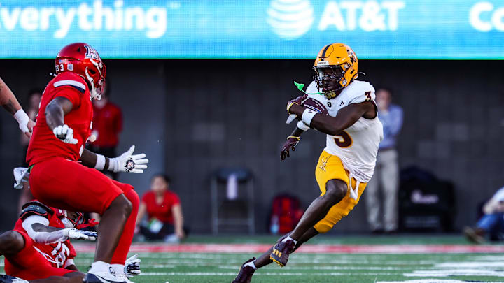 Nov 30, 2024; Tucson, Arizona, USA; Arizona State Sun Devils Laterrance Welch (3) runs with the ball that he intercepted from Arizona Wildcats during the fourth quarter at Arizona Stadium. Mandatory Credit: Aryanna Frank-Imagn Images