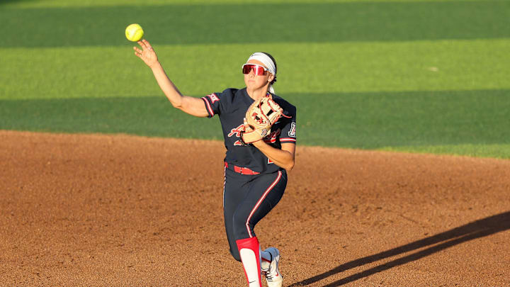 Arizona's Tayler Biehl (2) throws the ball during a Big 12 Conference softball game, Friday, March 13, 2026, at Rocky Johnson Field. Arizona's Tayler Biehl (2) throws the ball during a Big 12 Conference softball game, Friday, March 13, 2026, at Rocky Johnson Field.