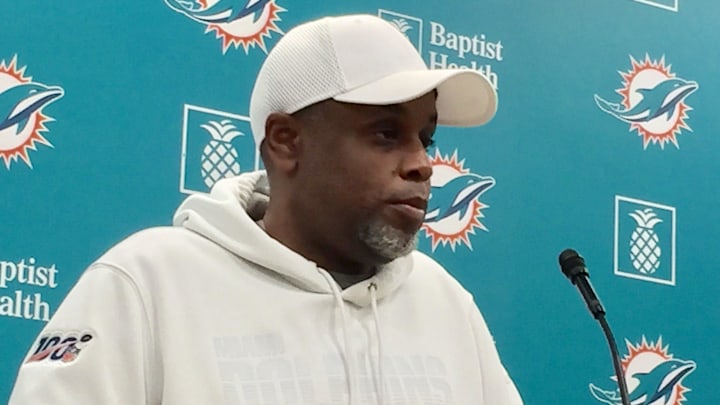 Former Miami Dolphins general manager Chris Grier answers questions from reporters during his 2025 pre-draft press conference.
