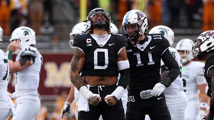 Nov 1, 2025; Minneapolis, Minnesota, USA; Minnesota Golden Gophers defensive lineman Anthony Smith (0) celebrates during the first half against the Michigan State Spartans at Huntington Bank Stadium. Mandatory Credit: Matt Krohn-Imagn Images