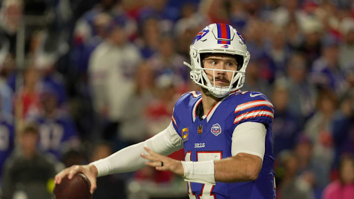 Buffalo Bills quarterback Josh Allen gets ready to throw a pass during first half action against the Baltimore Ravens.