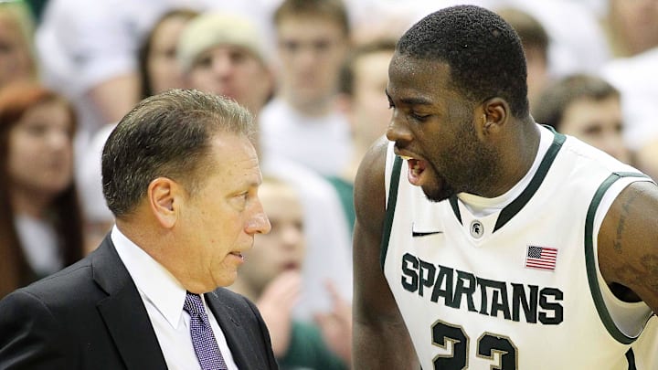 February 25, 2012; East Lansing, MI, USA; Michigan State Spartans head coach Tom Izzo talks to