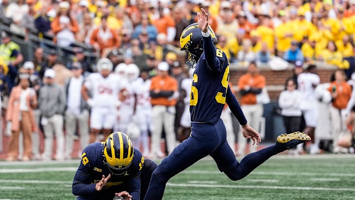 Michigan place kicker Dominic Zvada (96) attempts a field goal against Texas during the first half at Michigan Stadium in Ann Arbor on Saturday, September 7, 2024.