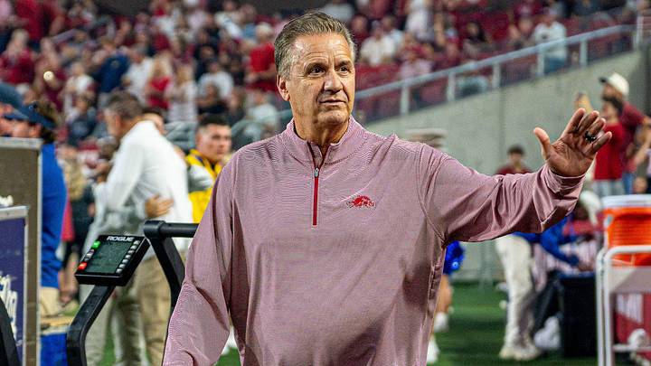 Arkansas Razorbacks Men's Basketball coach John Calipari waves at fans during football game against Tulsa on Saturday, Sept. 26, 2026. Arkansas Razorbacks Men's Basketball coach John Calipari waves at fans during football game against Tulsa on Saturday, Sept. 26, 2026.