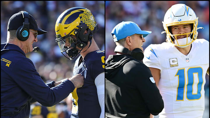 Jim Harbaugh with former Michigan quarterback J.J. McCarthy in 2023 and Los Angeles Chargers quarterback Justin Herbert in 2024 Jim Harbaugh with former Michigan quarterback J.J. McCarthy in 2023 and Los Angeles Chargers quarterback Justin Herbert in 2024