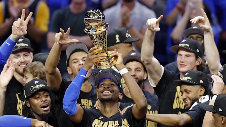 Jun 22, 2025; Oklahoma City, Oklahoma, USA; The Oklahoma City Thunder celebrate after winning game seven of the 2025 NBA Finals against the Indiana Pacers at Paycom Center. Mandatory Credit: Alonzo Adams-Imagn Images