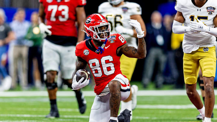 Jan 2, 2025; New Orleans, LA, USA; Georgia Bulldogs wide receiver Dillon Bell (86) reacts after a play against the Notre Dame Fighting Irish during the second quarter at Caesars Superdome. Mandatory Credit: Stephen Lew-Imagn Images
